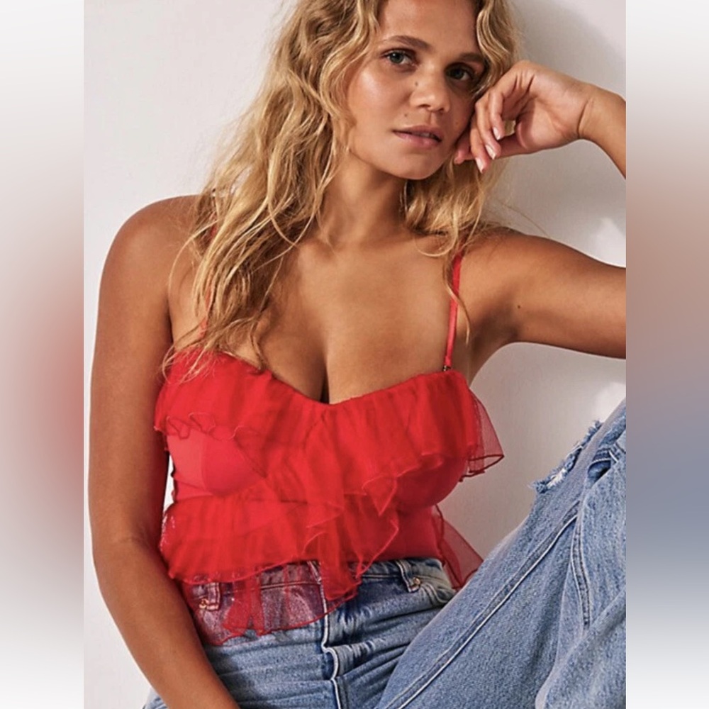 Free People Intimately | Strike a Pose| Red Ruffled Bodysuit | Size XS